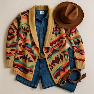 UNIF Oversized Western Aztec Knit Cardigan Sweater XS Cowboycore Boho Festival